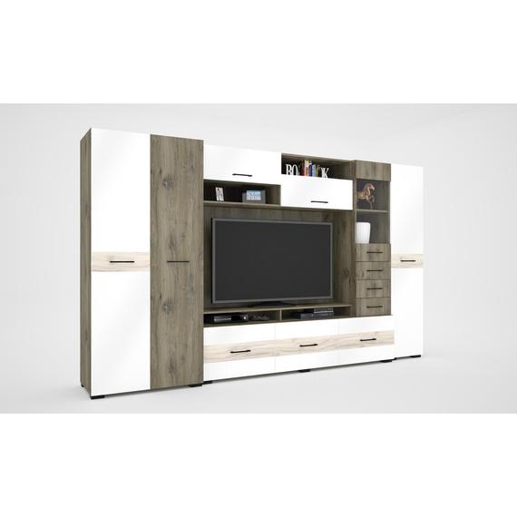 Havanna 345 cm széles szekrénysor - sötét justus tölgy-justus tölgy-magasfényű fehér színben