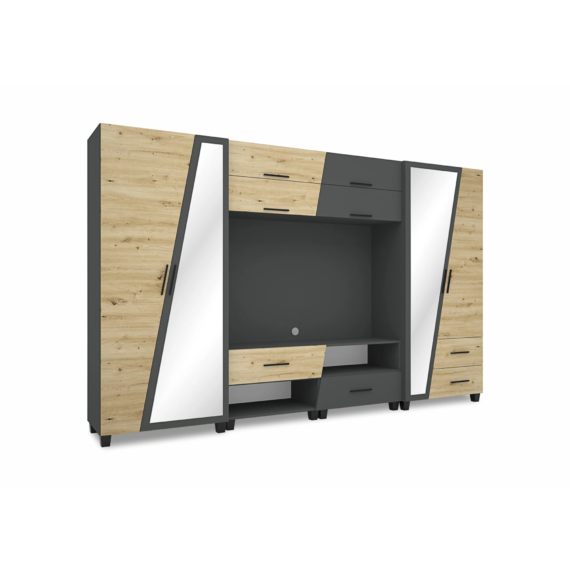 Onix szekrénysor 340 cm széles - artisan tölgy - matt sötét szürke színben - tükrös ajtóval