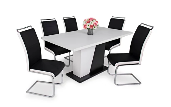 Norton asztal rusztik fehér színben - Száva - fekete székekkel