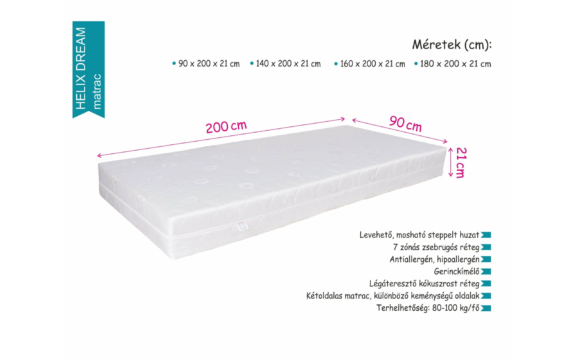 Helix dream matrac | táskarugós - Kókuszrost réteggel | 90x200x21 cm